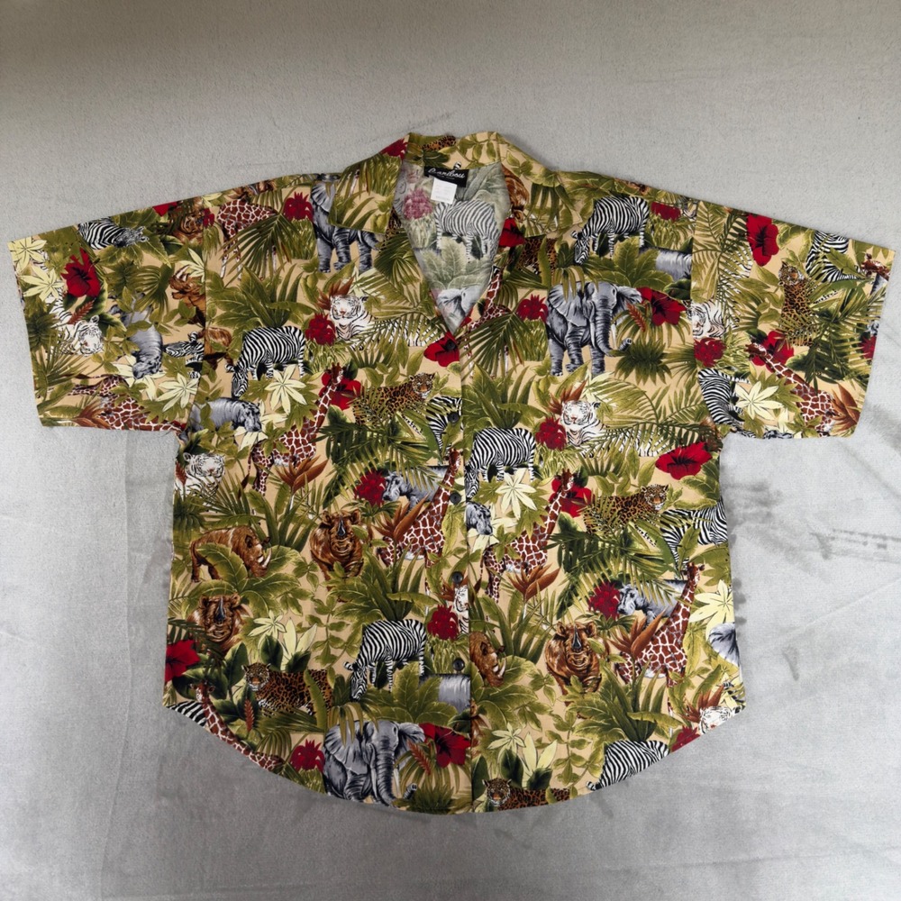 Caribou New York‎ Vintage Safari Animal Print Button Front Shirt Medium Green